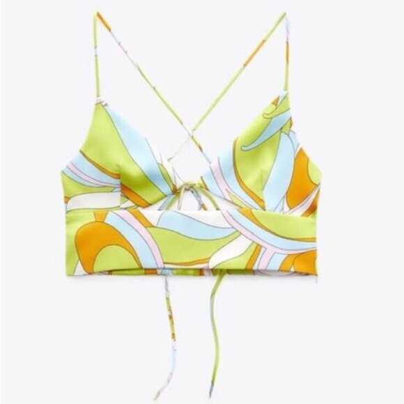 NWT Zara Satin Lime Multi Retro Psychadelic Crop Top size S - Picture 1 of 12